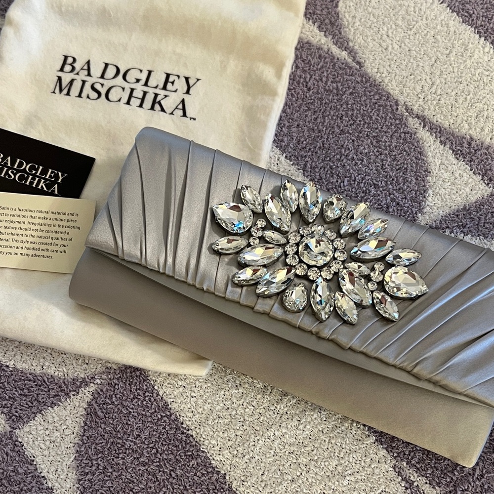 Badgley Mischka Silver Clutch with Crystal Embellishment
